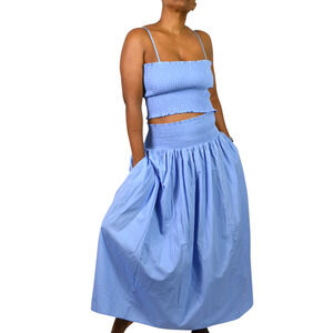 Banana Republic Factory Smocked Two Piece Set Blue Crop Top Maxi Skirt Cotton XS